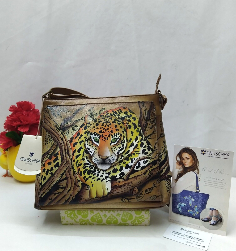 Anuschka Multicolor Leather Tiger Hand Panted Zipper Crossbody Bag